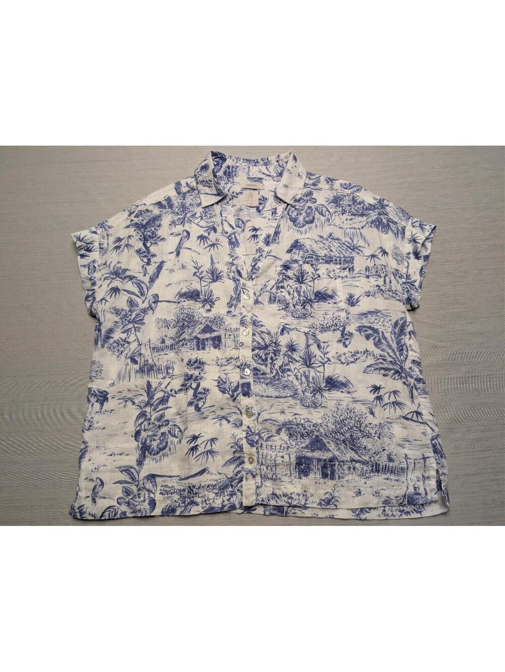 Joie Linen Tropical Toile Blouse White Blue V-Neck Button Up Size L